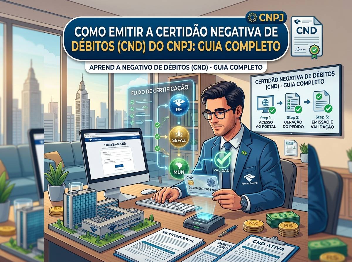 Tela do computador mostrando o processo de emissão da Certidão Negativa de Débitos (CND) de um CNPJ no site oficial.